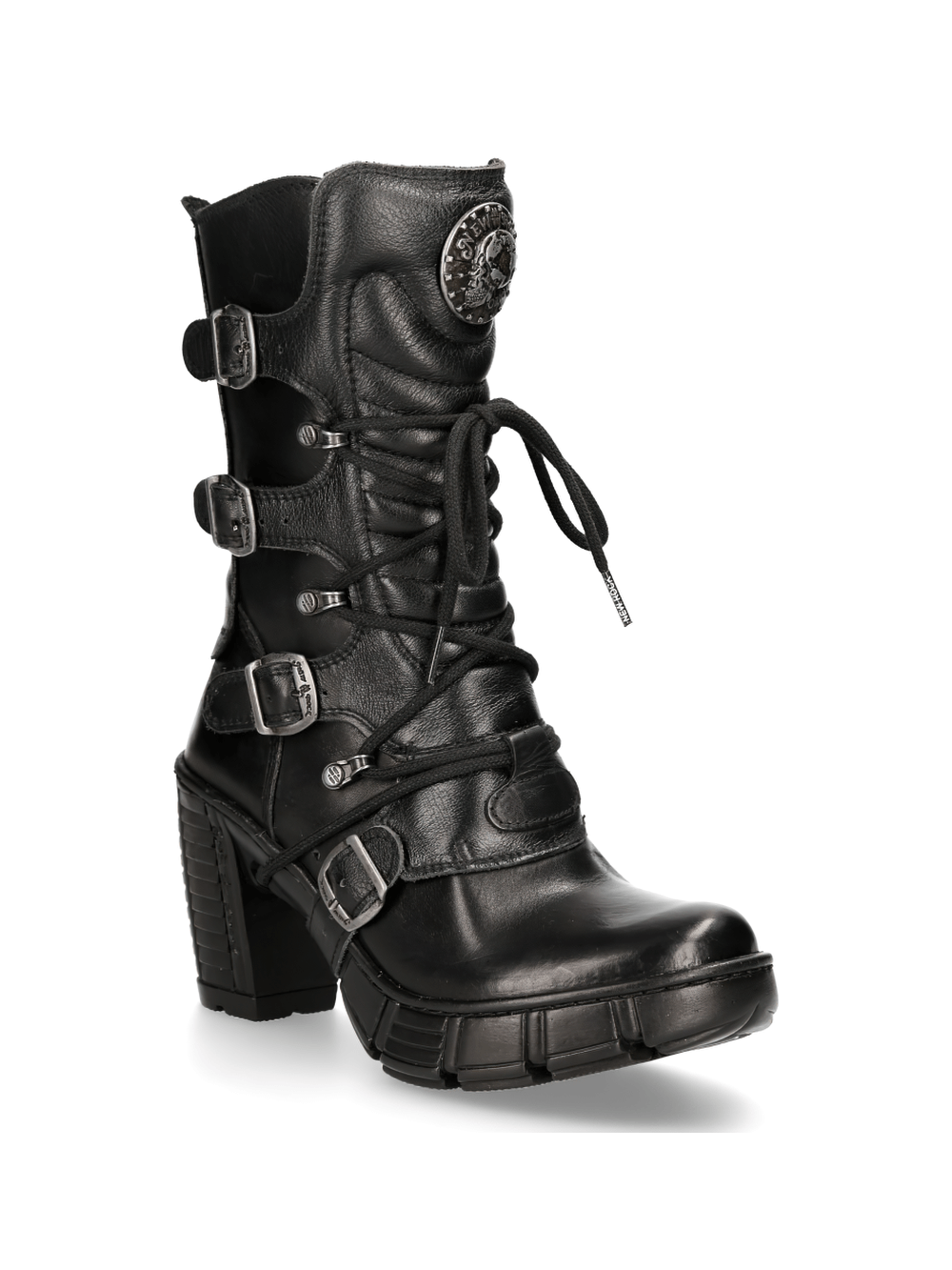 NEW ROCK Edgy Black Buckle-Detail Ankle Boots With Lace-Up