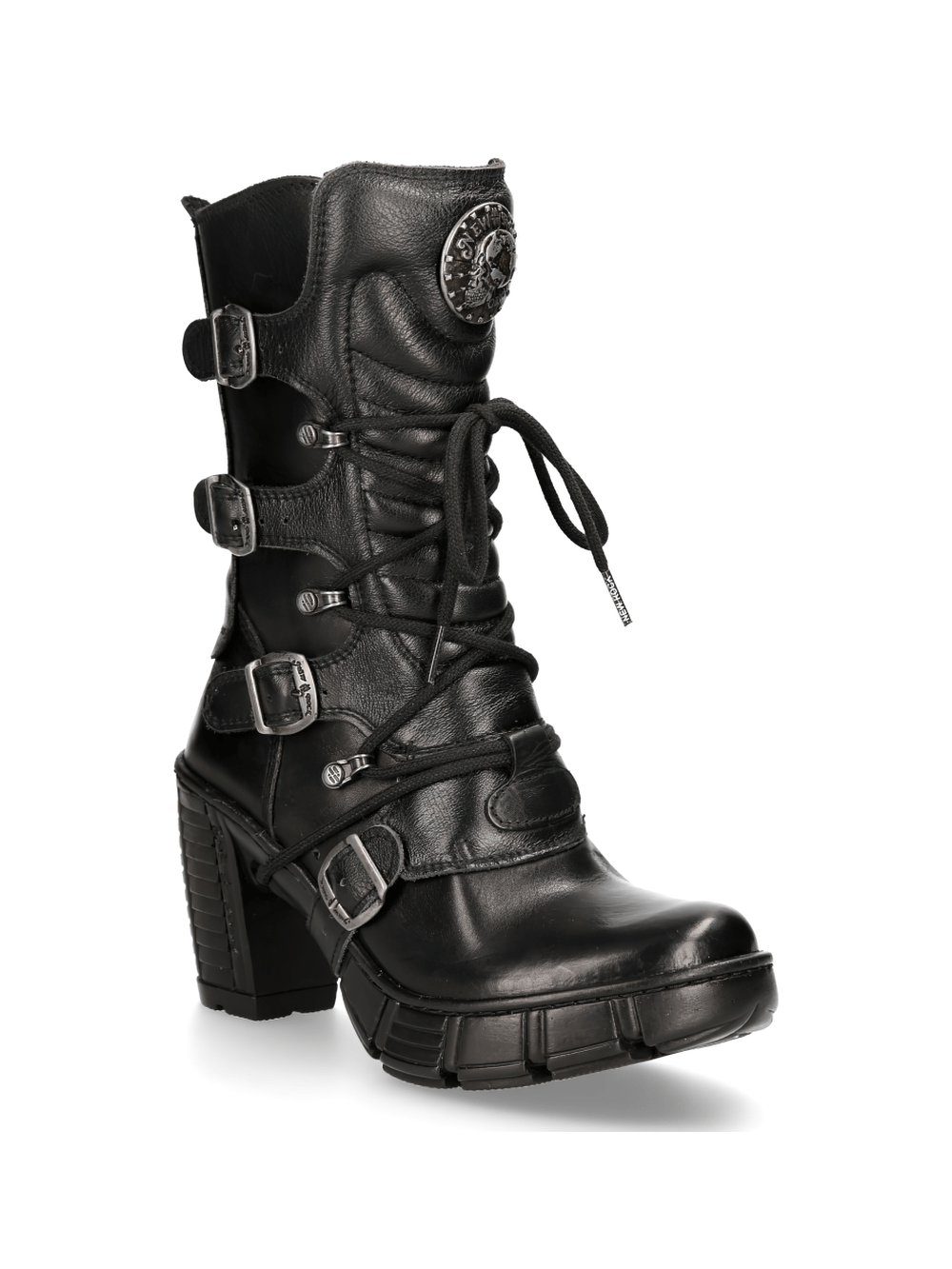 Edgy black lace-up ankle boots with buckles and a chunky heel for a bold urban style.