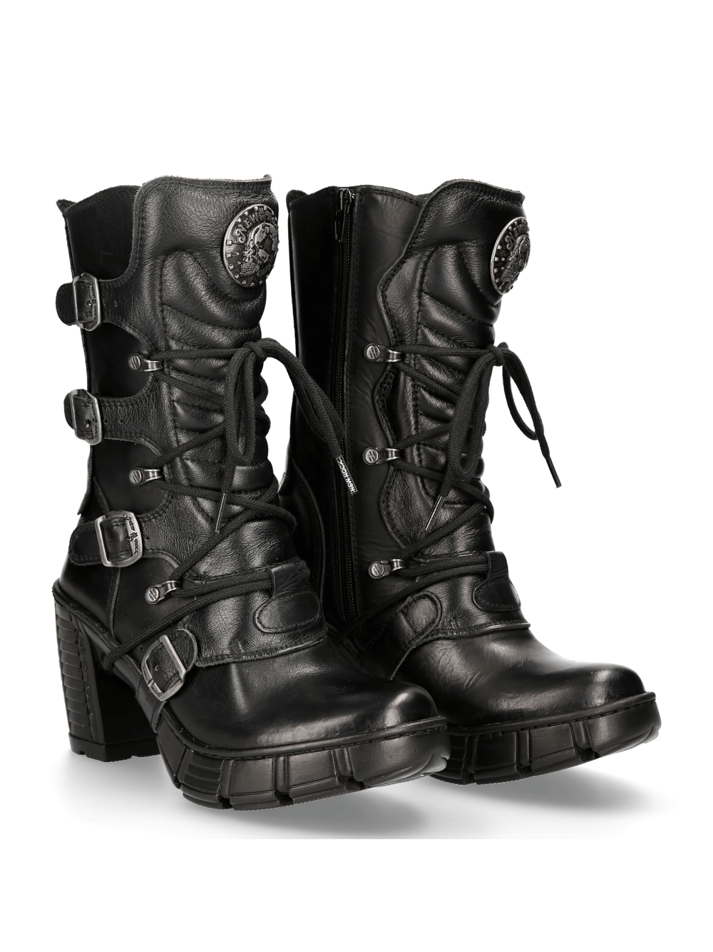 Edgy black buckle-detail ankle boots with lace-up design, showcasing gothic urban style and sturdy heels.