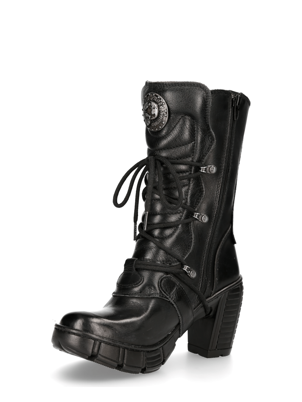 Edgy black lace-up ankle boots with buckles and a bold heel, perfect for urban fashion enthusiasts.
