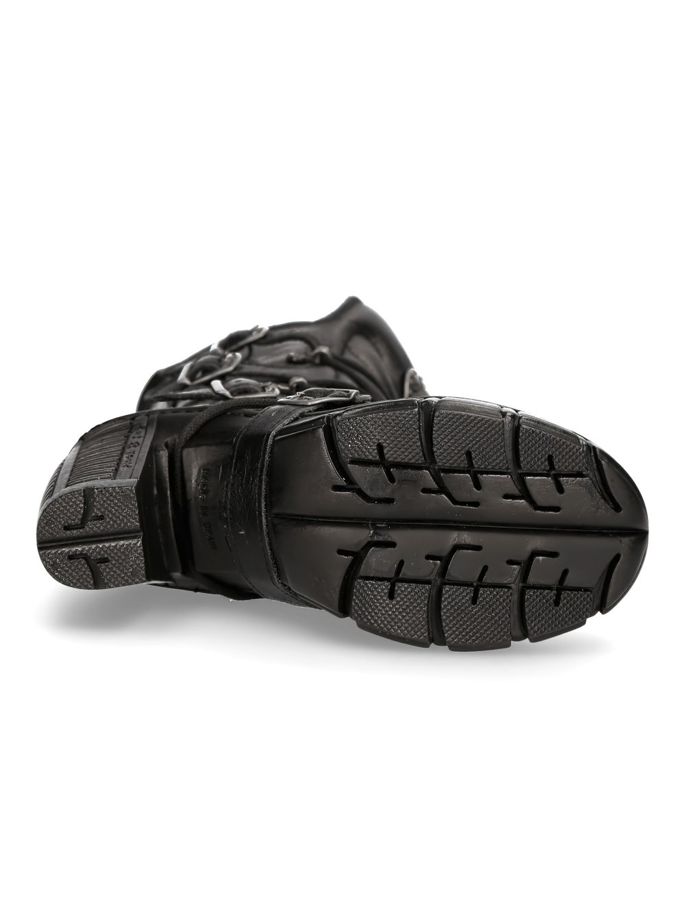 Sole view of NEW ROCK edgy black buckle-detail ankle boots with lace-up design and durable grip soles.