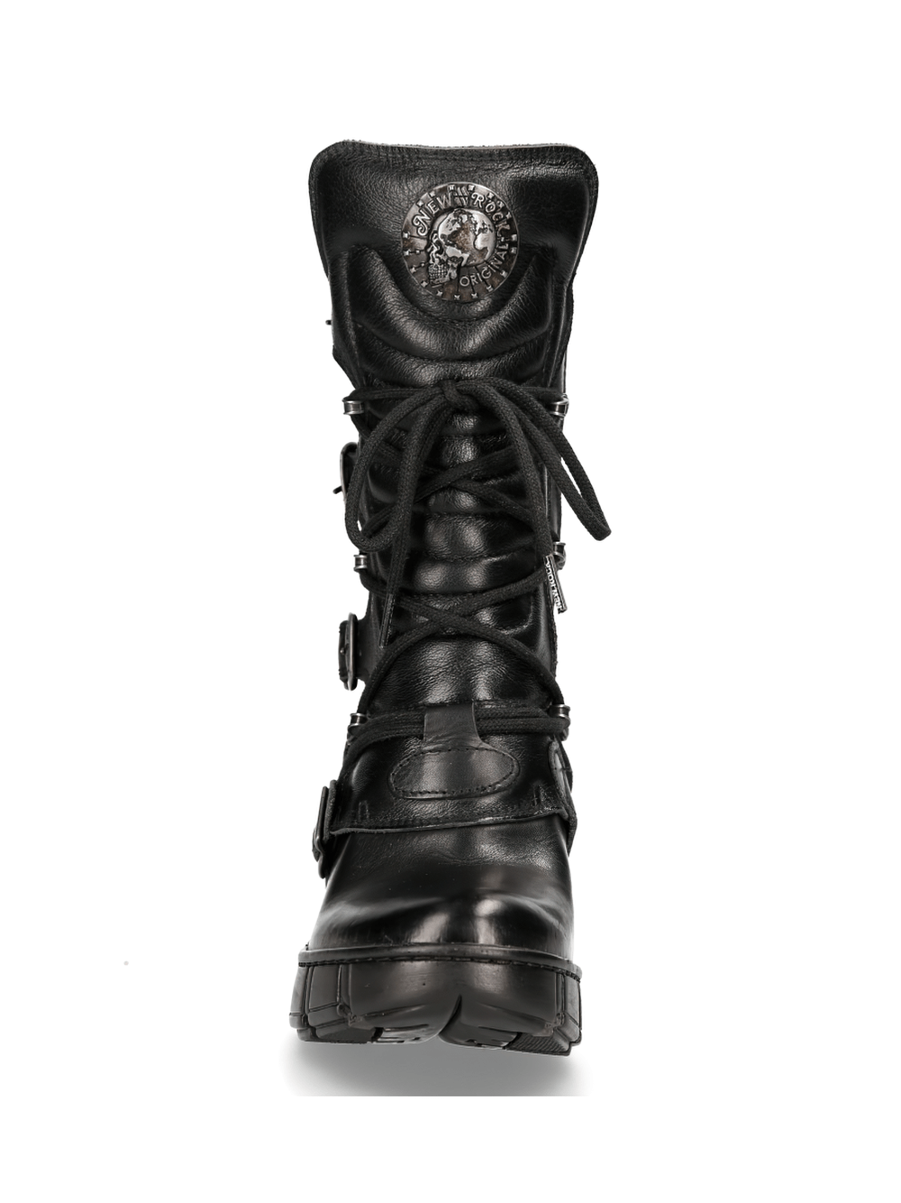 Front view of edgy black lace-up ankle boots with buckles and logo detail, ideal for urban fashion.