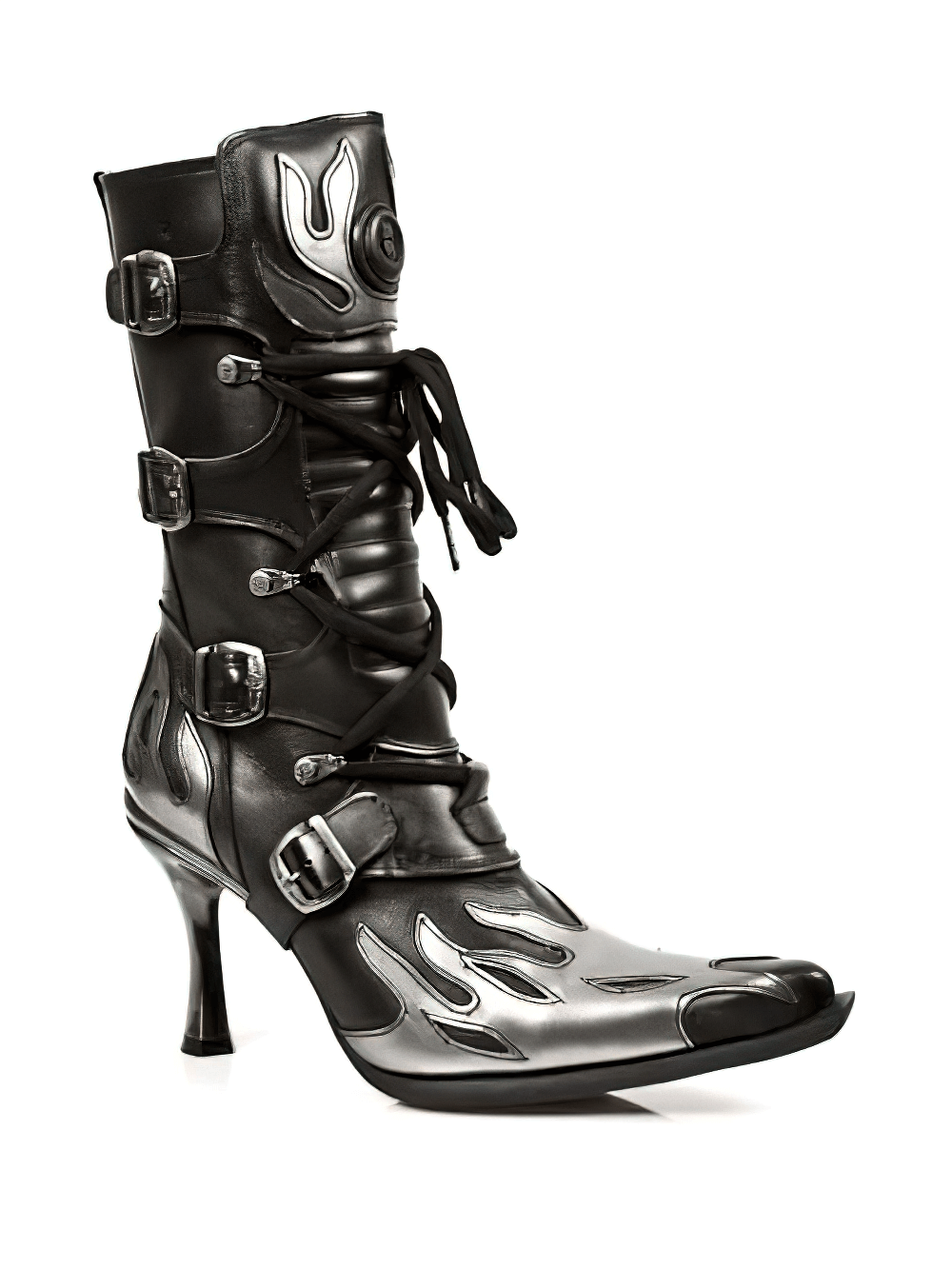 NEW ROCK Edgy Black Buckled Boots with Metallic Heels