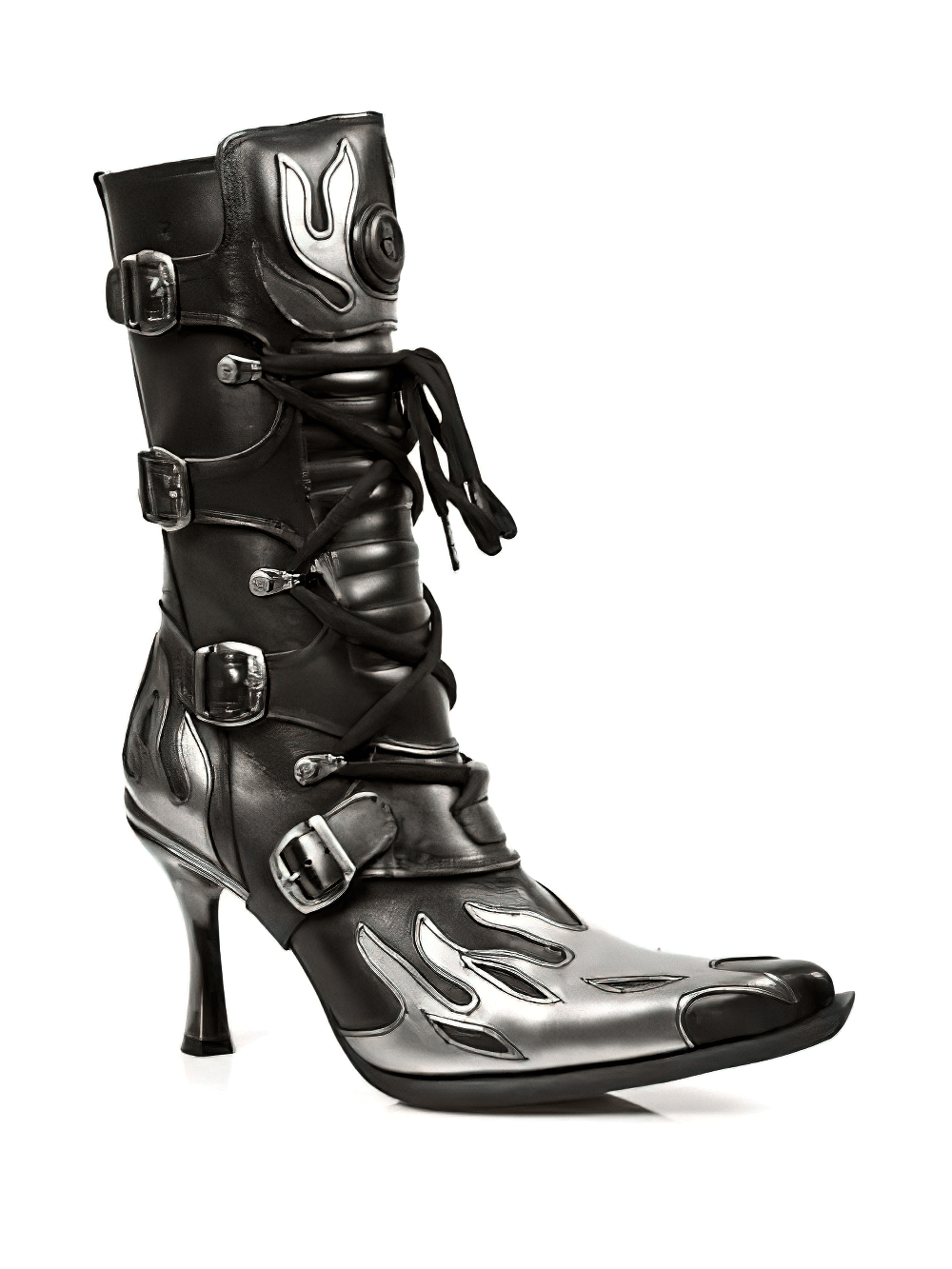 NEW ROCK Edgy Black Buckled Boots with Metallic Heels, featuring unique flame details and punk style.