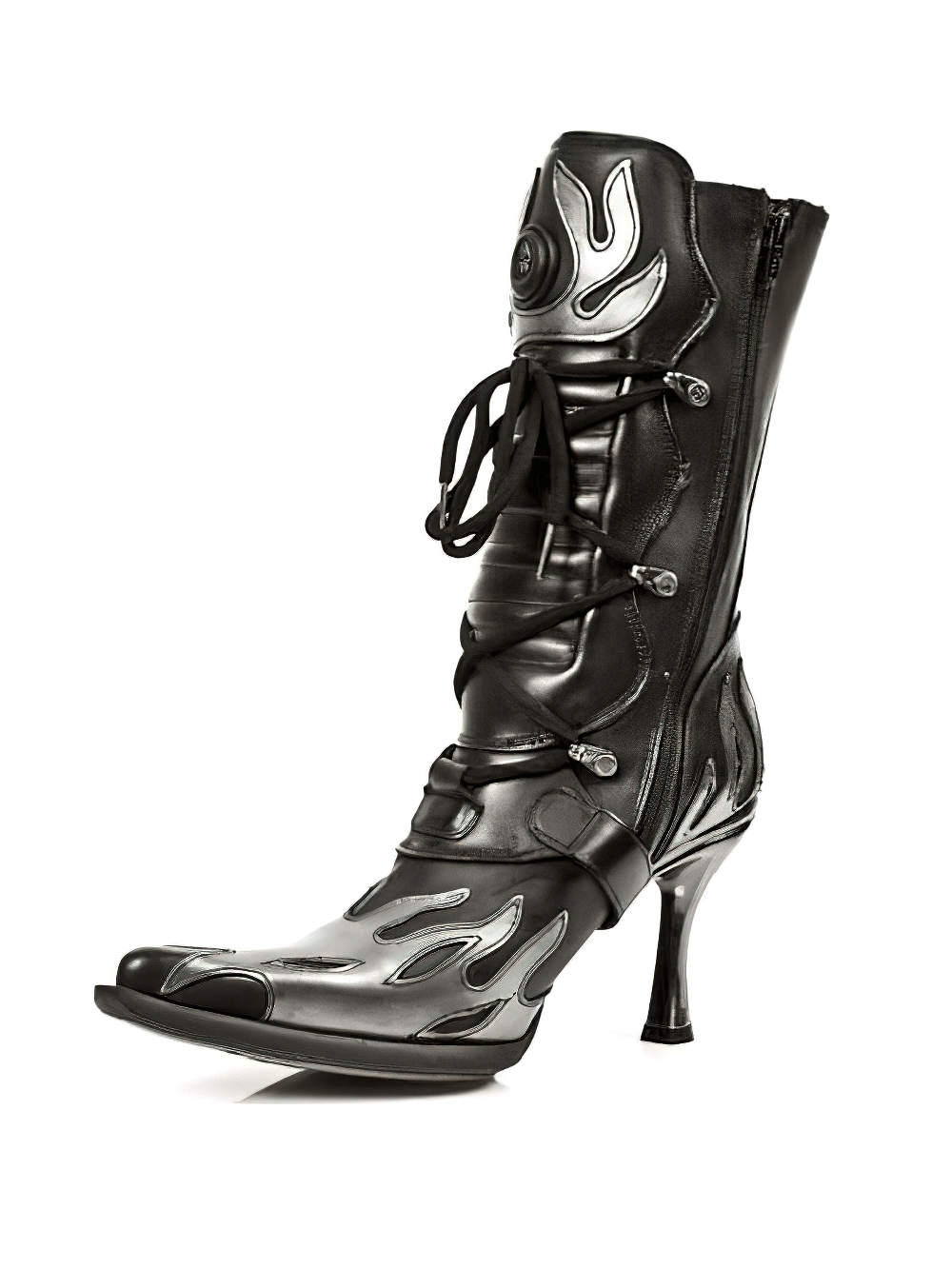 Edgy black boots with flame designs and high heels, perfect for a bold rock and roll look.