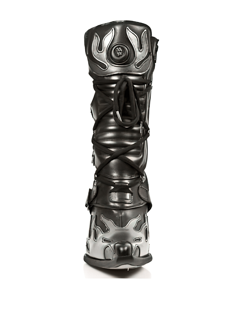 Edgy black rocker boots with metallic detailing and laces, perfect for urban fashion enthusiasts.