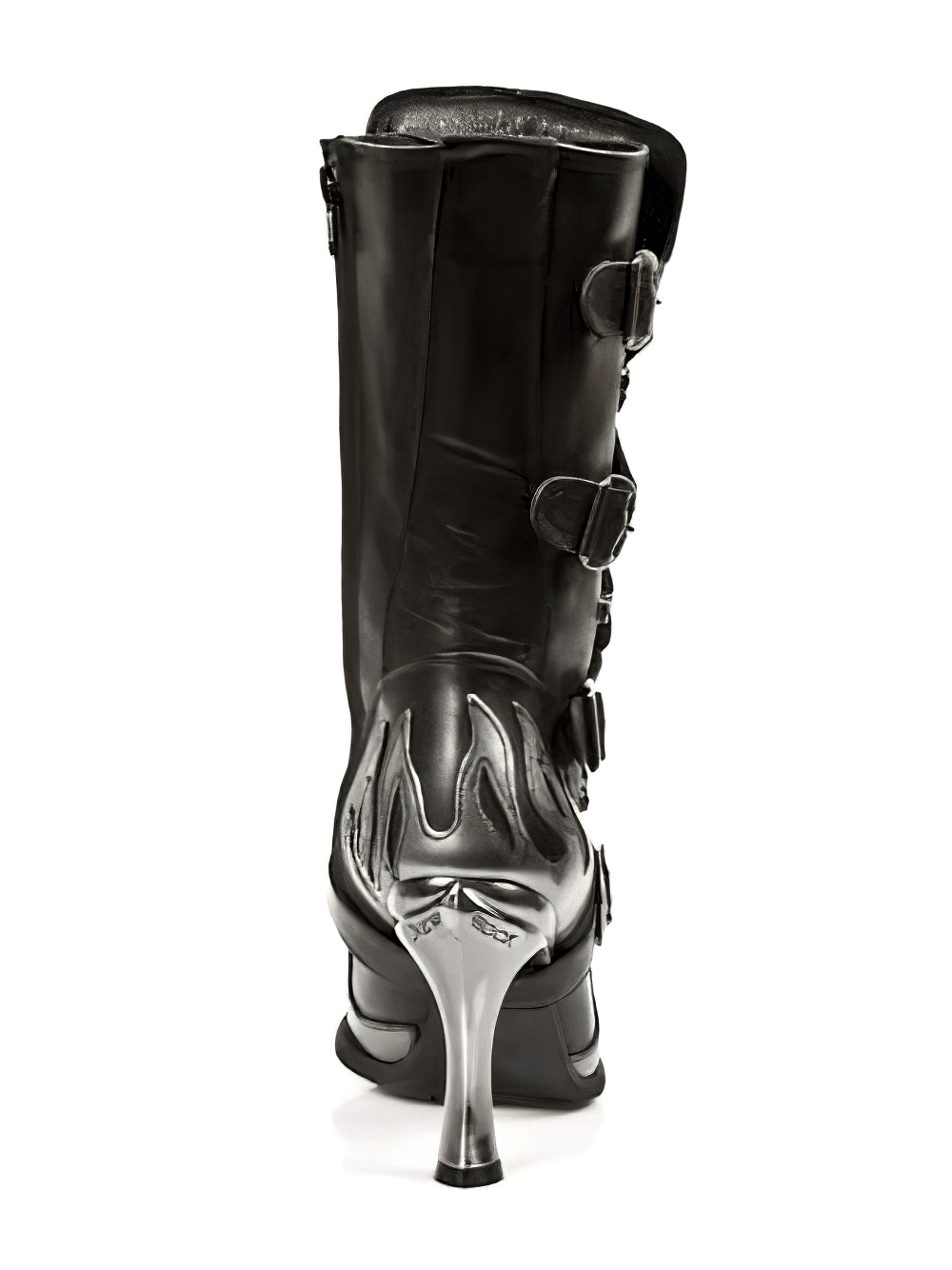 New Rock black buckled boots with metallic heel, showcasing punk style and edgy urban fashion.