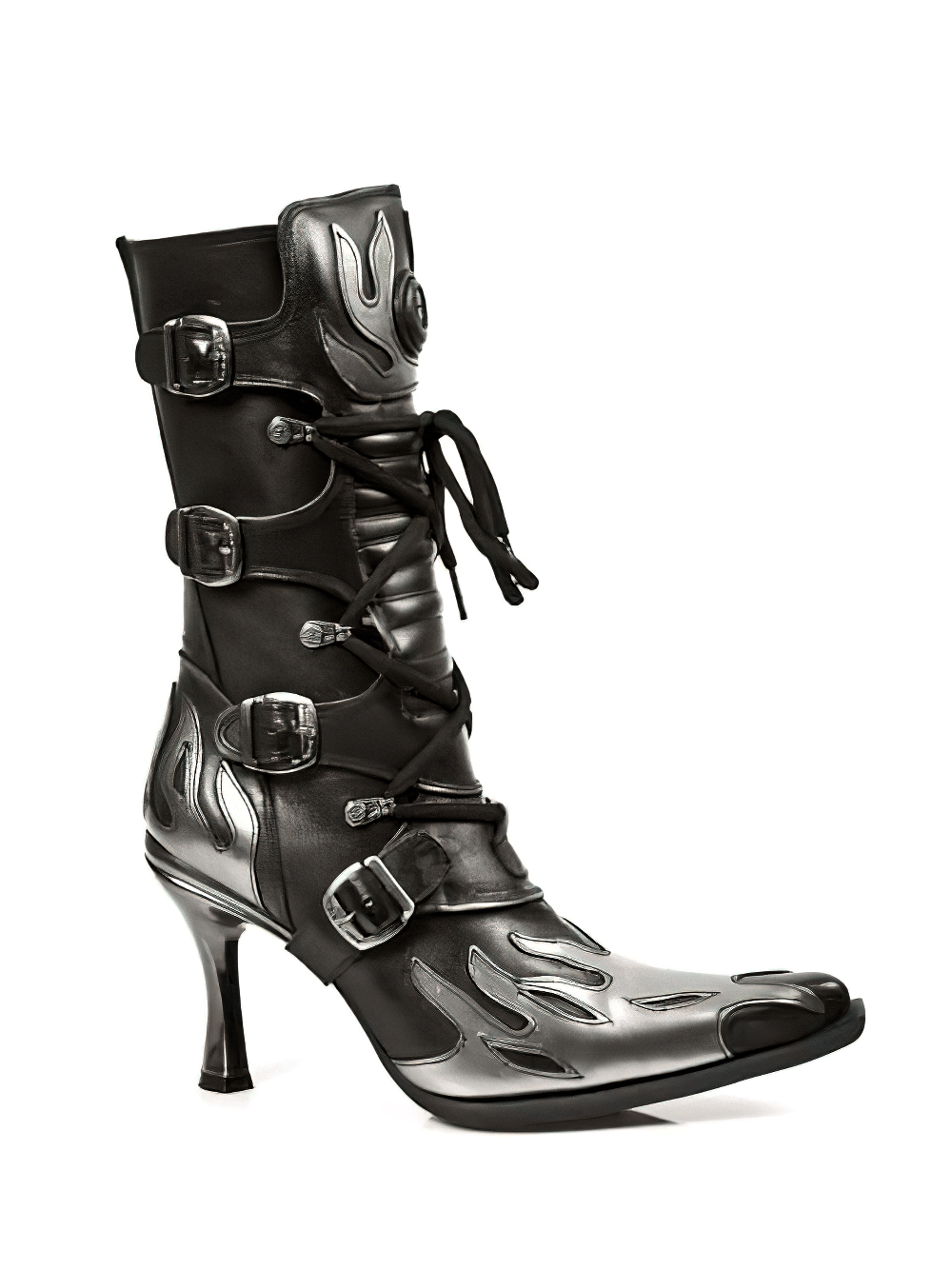 Edgy black buckled boots with metallic flames and sleek heels for a bold rock and roll statement.