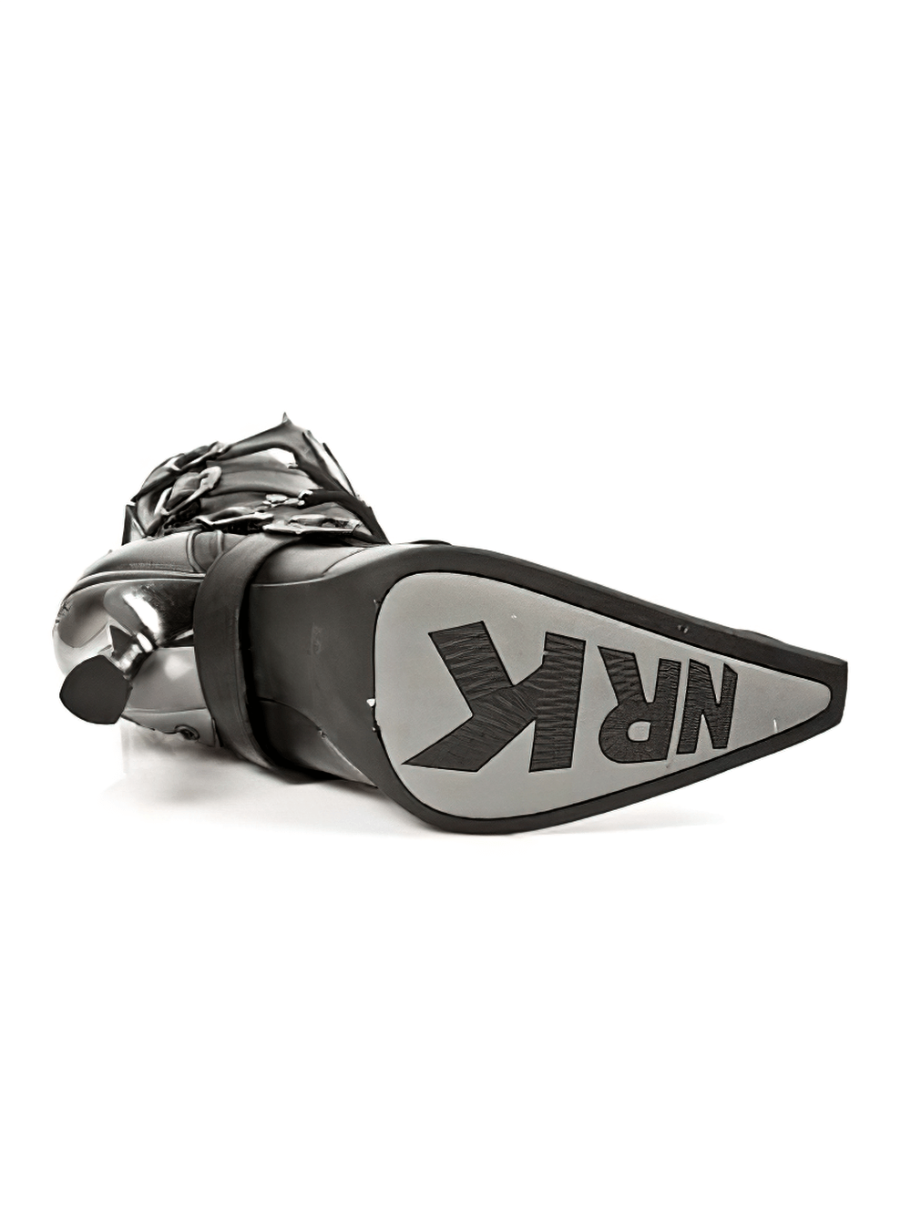 Bottom view of NEW ROCK edgy black buckled boots with metallic heels, showcasing the stylish N.R.K logo.