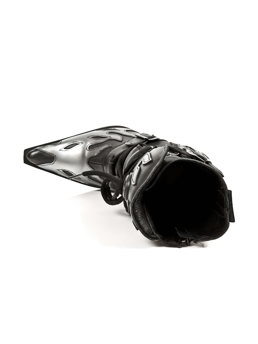 Black buckled rocker boots with metallic design, showcasing an edgy style perfect for bold fashion statements.