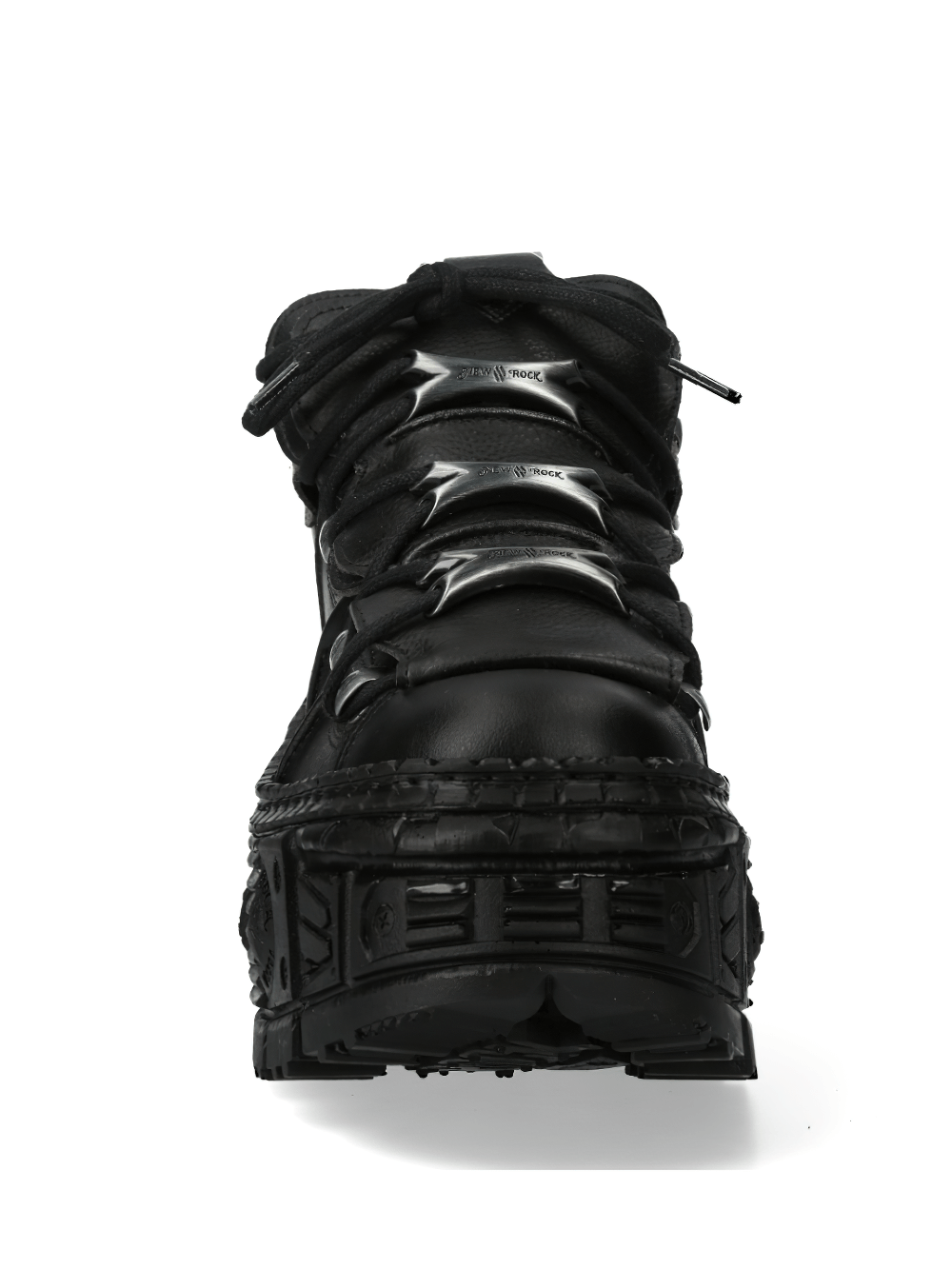 NEW ROCK Edgy Black Chunky-Sole Boot with Metallic Eyelets front view