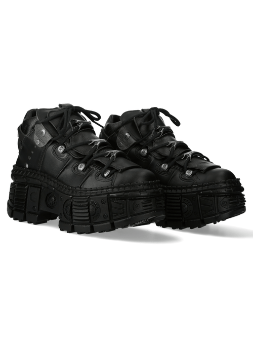 NEW ROCK Women's Edgy Black Chunky-Sole Boots with Metallic Eyelets