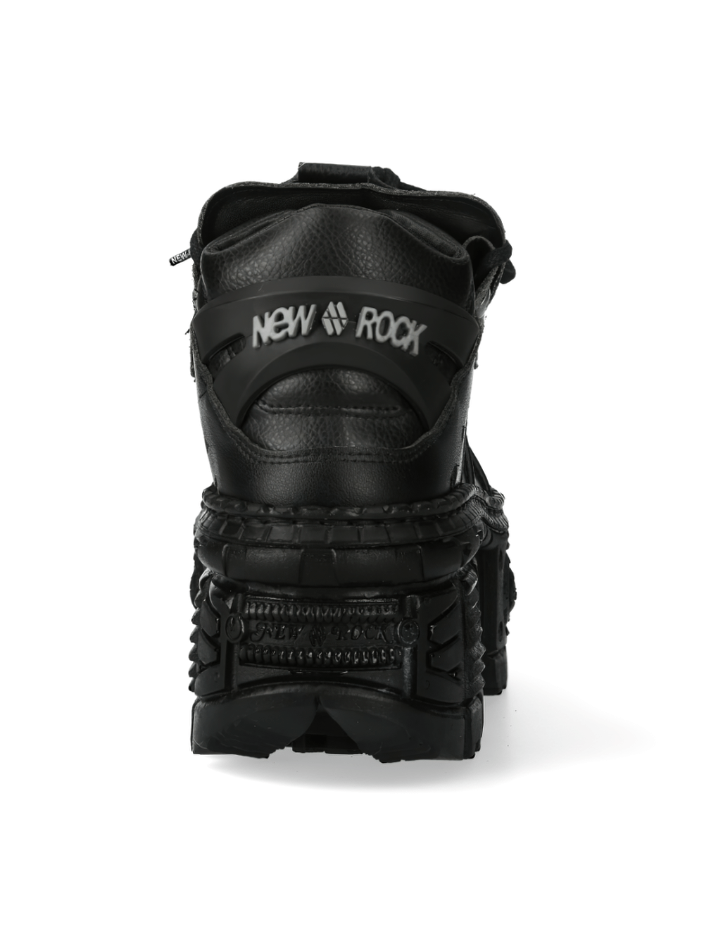 NEW ROCK Edgy Black Chunky-Sole Boot Back View with Metallic Eyelets - WALL COLLECTION Footwear.