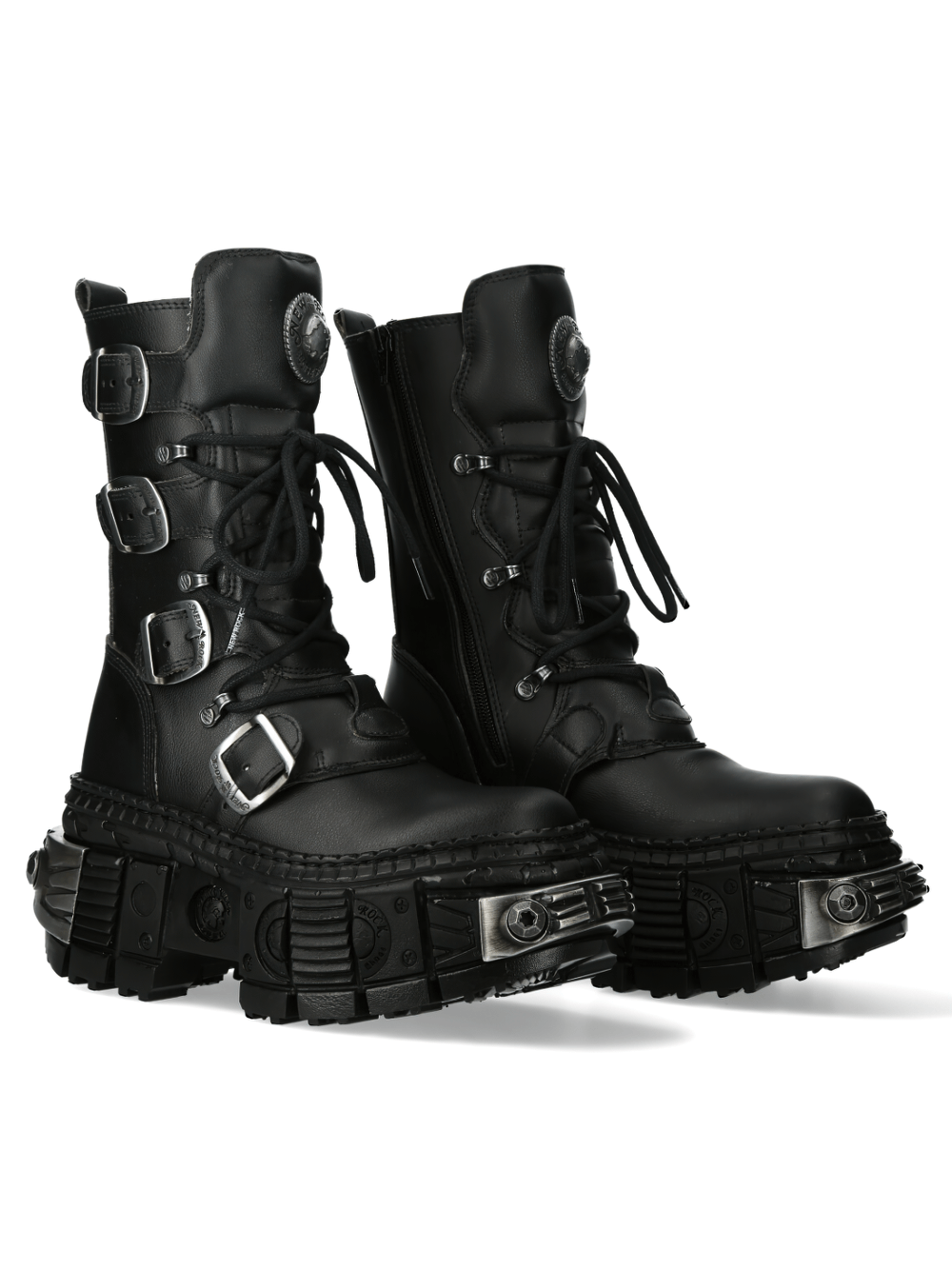 NEW ROCK chunky black ankle boots with buckles and lace-up design for striking punk rock style.