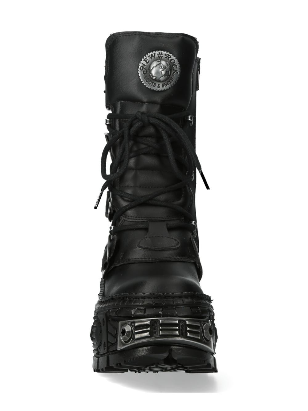 NEW ROCK metallic black chunky sole ankle boots with lace-up design and punk rock accents.