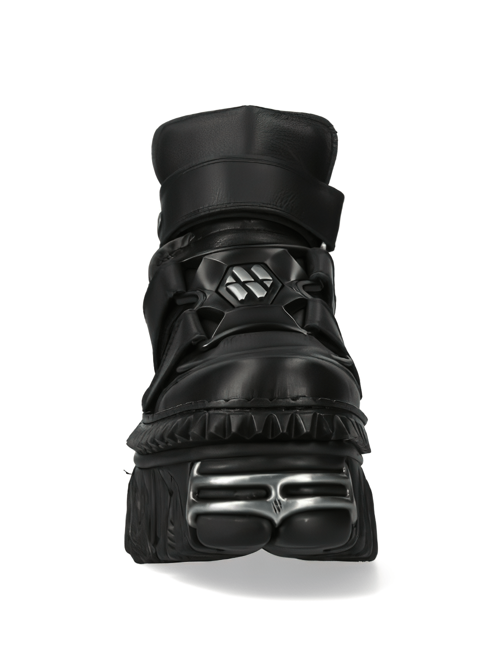 NEW ROCK edgy black leather ankle boots with chunky sole and bold Velcro clasp, perfect for rock and punk styles.