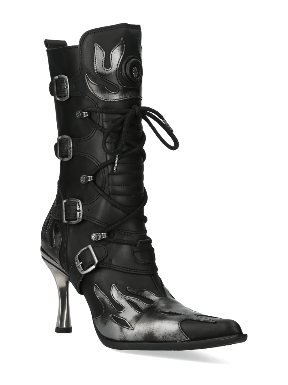 NEW ROCK edgy leather flame high heel laced boots with buckles and silver flame design for a bold look.