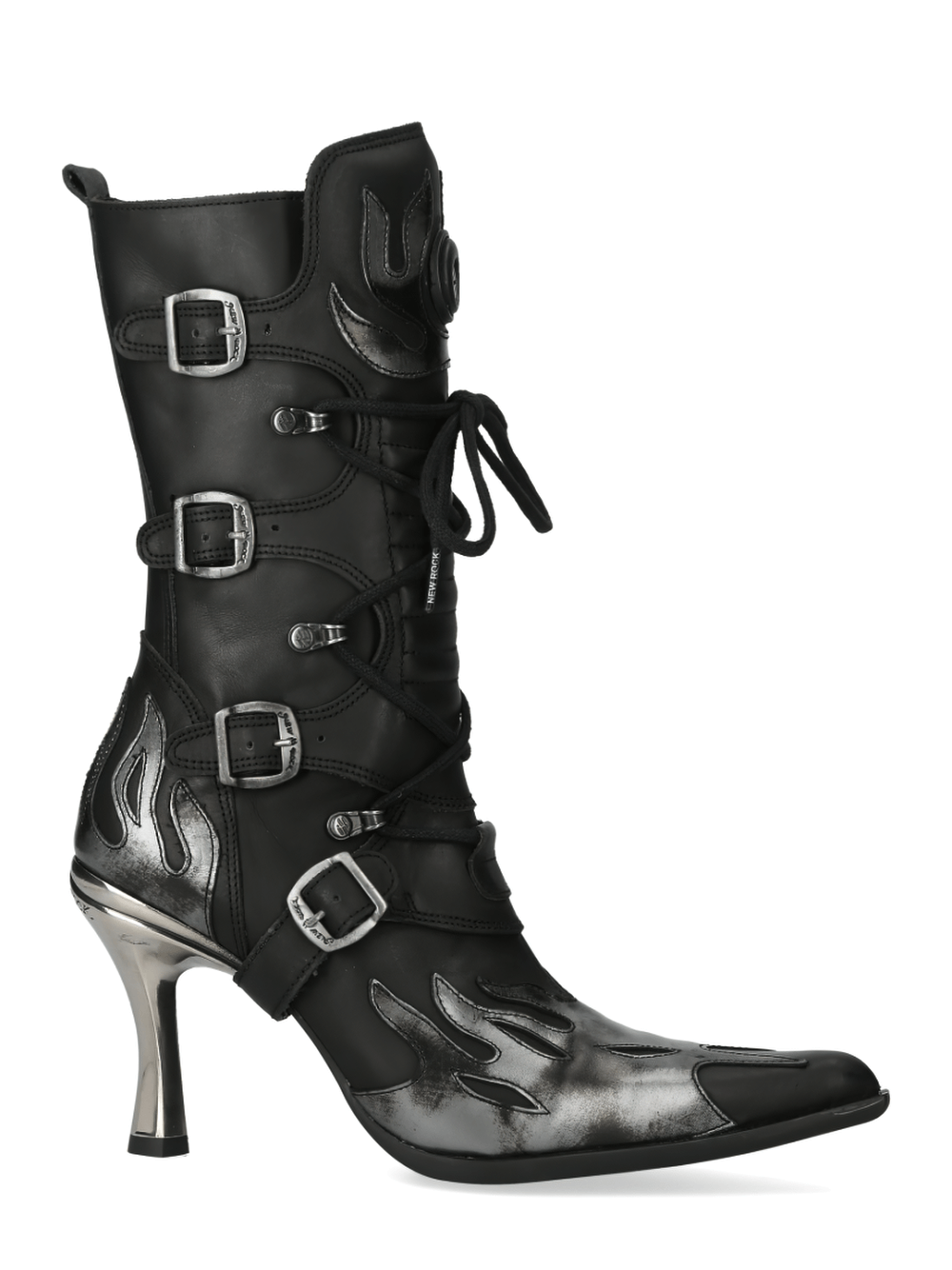 Edgy New Rock black leather high heel boots with flame design and buckles, perfect for a rocker chic style.