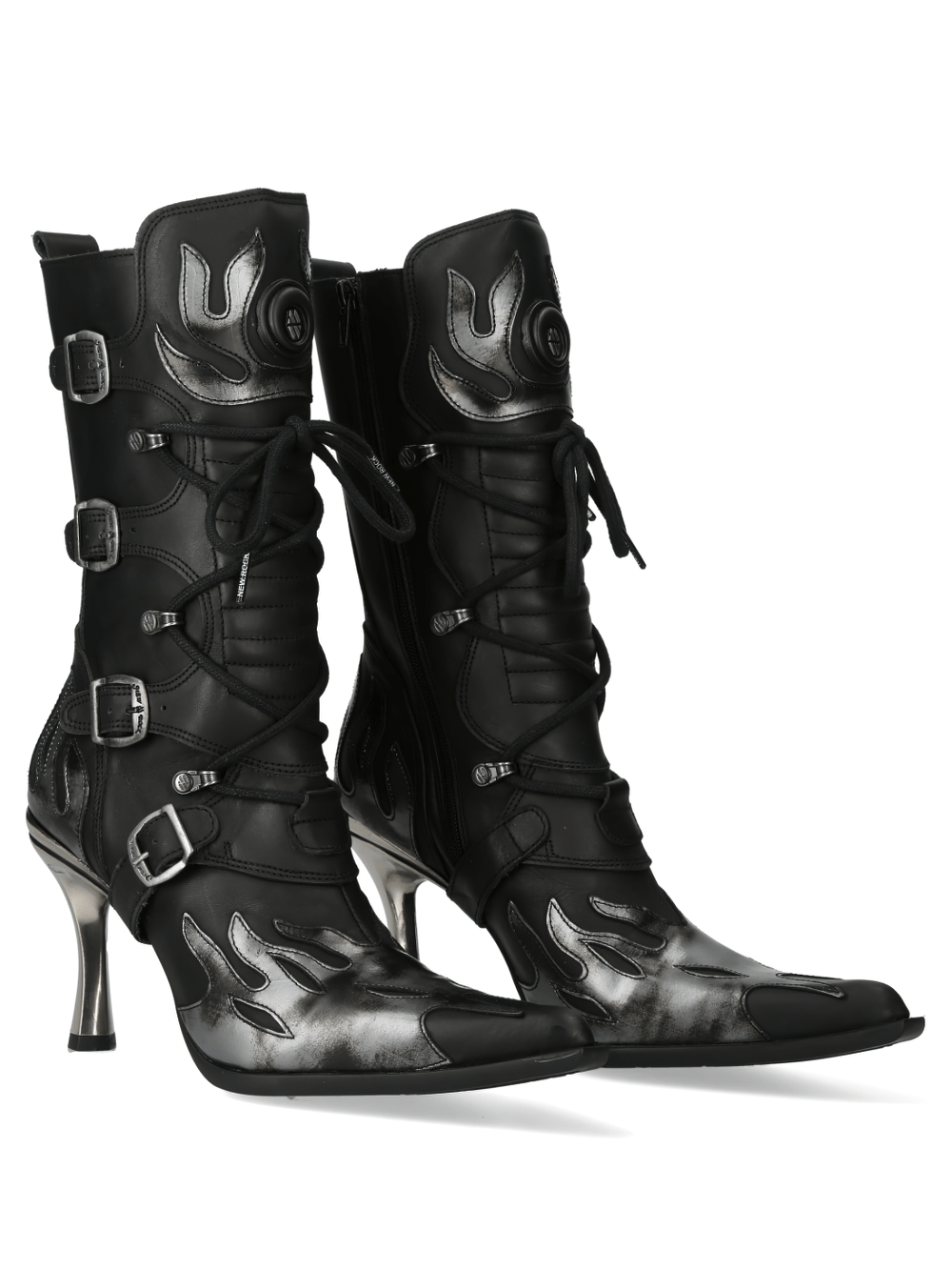 NEW ROCK edgy leather high heel laced boots with silver flame design and buckles, perfect for a rockstar look.