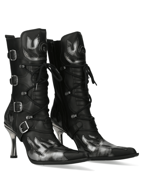 NEW ROCK Edgy Leder-Schnürstiefel mit Flammenmuster und hohem Absatz