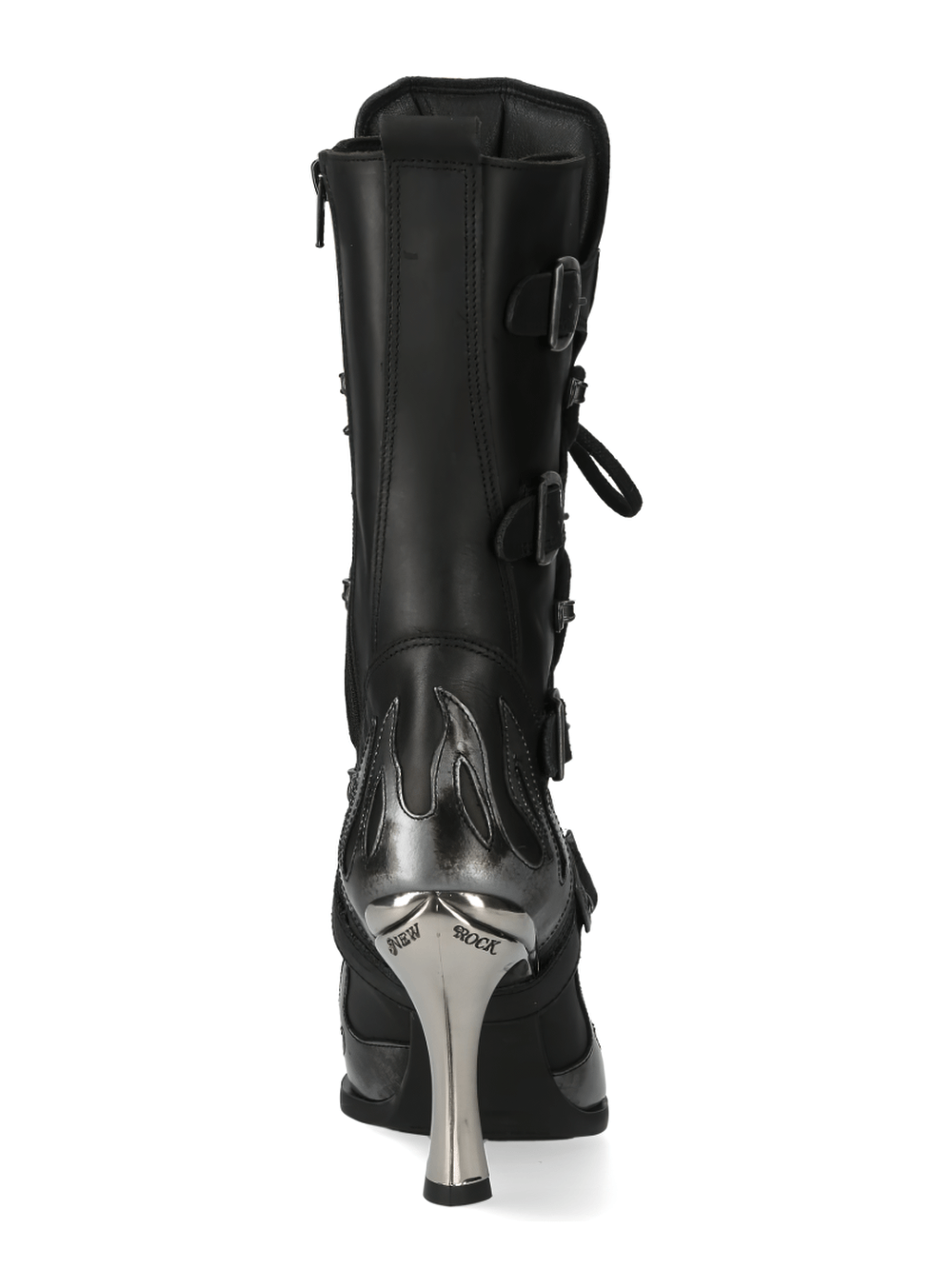 Back view of NEW ROCK edgy leather high heel laced boots with flame design and steel toe detail.