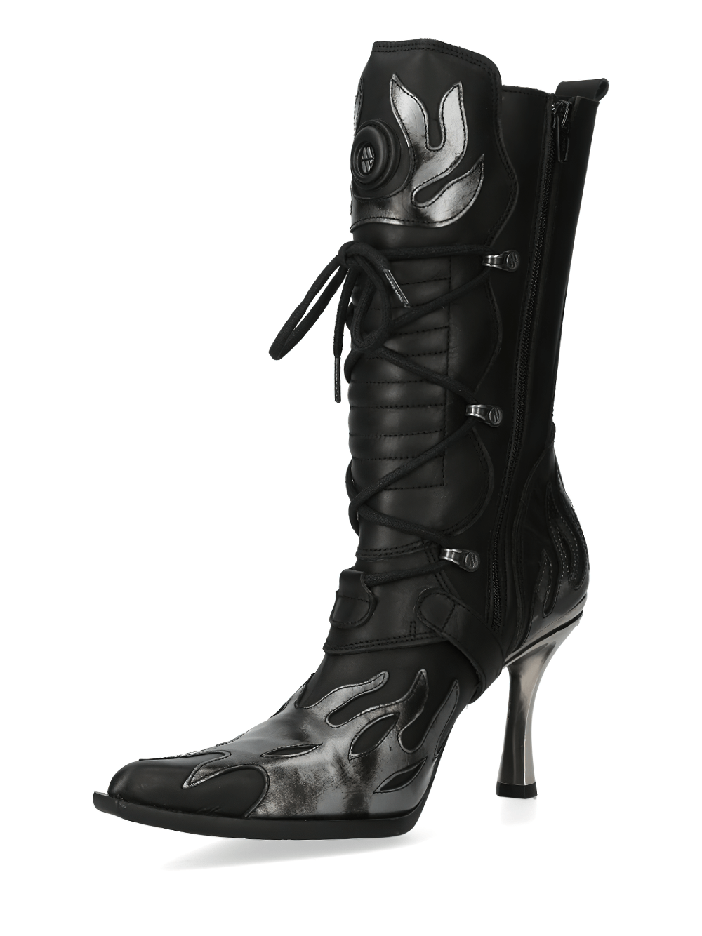 Edgy New Rock black leather high heel boots with flame design and laced front for a fierce gothic look.
