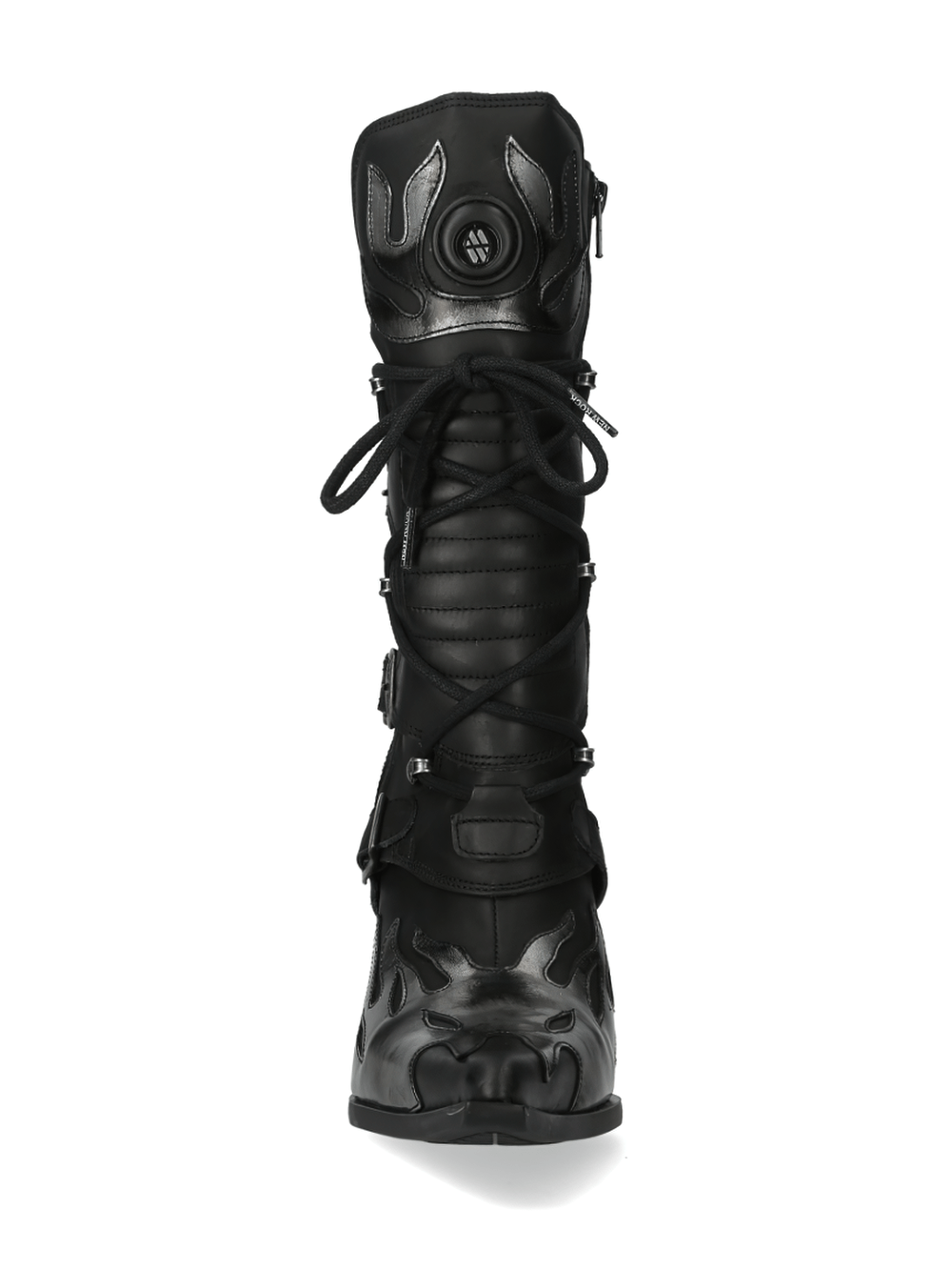 Front view of NEW ROCK Edgy Leather Flame High Heel Laced Boots with striking black design and unique flame accents.