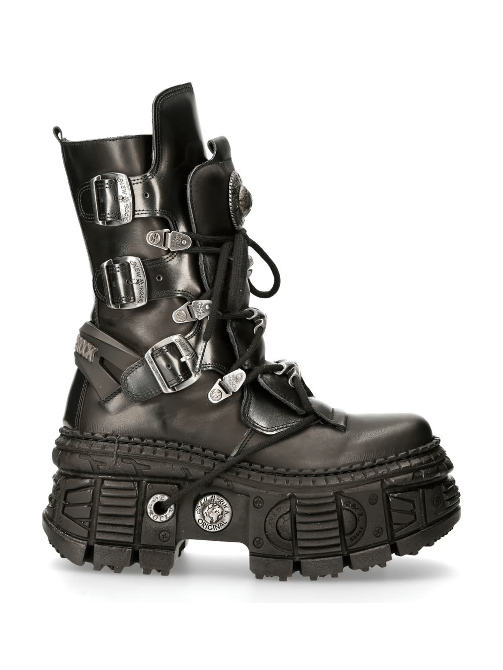 Edgy NEW ROCK punk lace-up ankle boots with metallic details and chunky sole for bold fashion lovers.