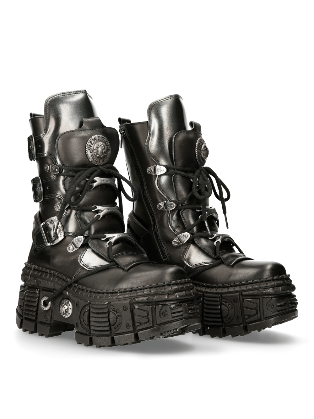 Edgy NEW ROCK ankle boots featuring metallic details and chunky soles for a bold punk rock look.