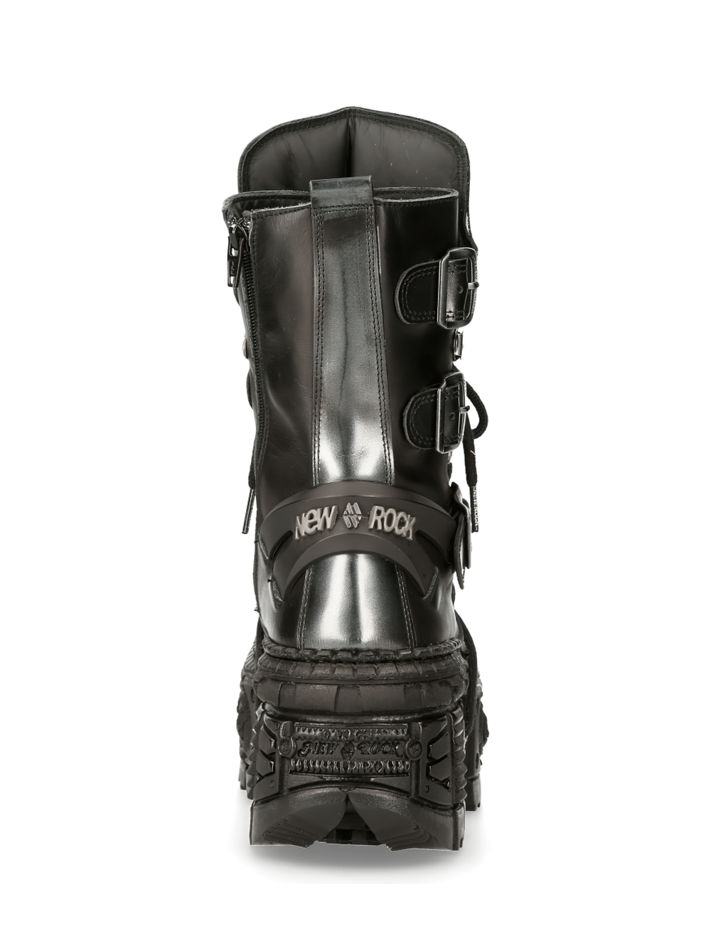 New Rock punk rock ankle boots with metallic details and chunky sole, showcasing a stylish back view.