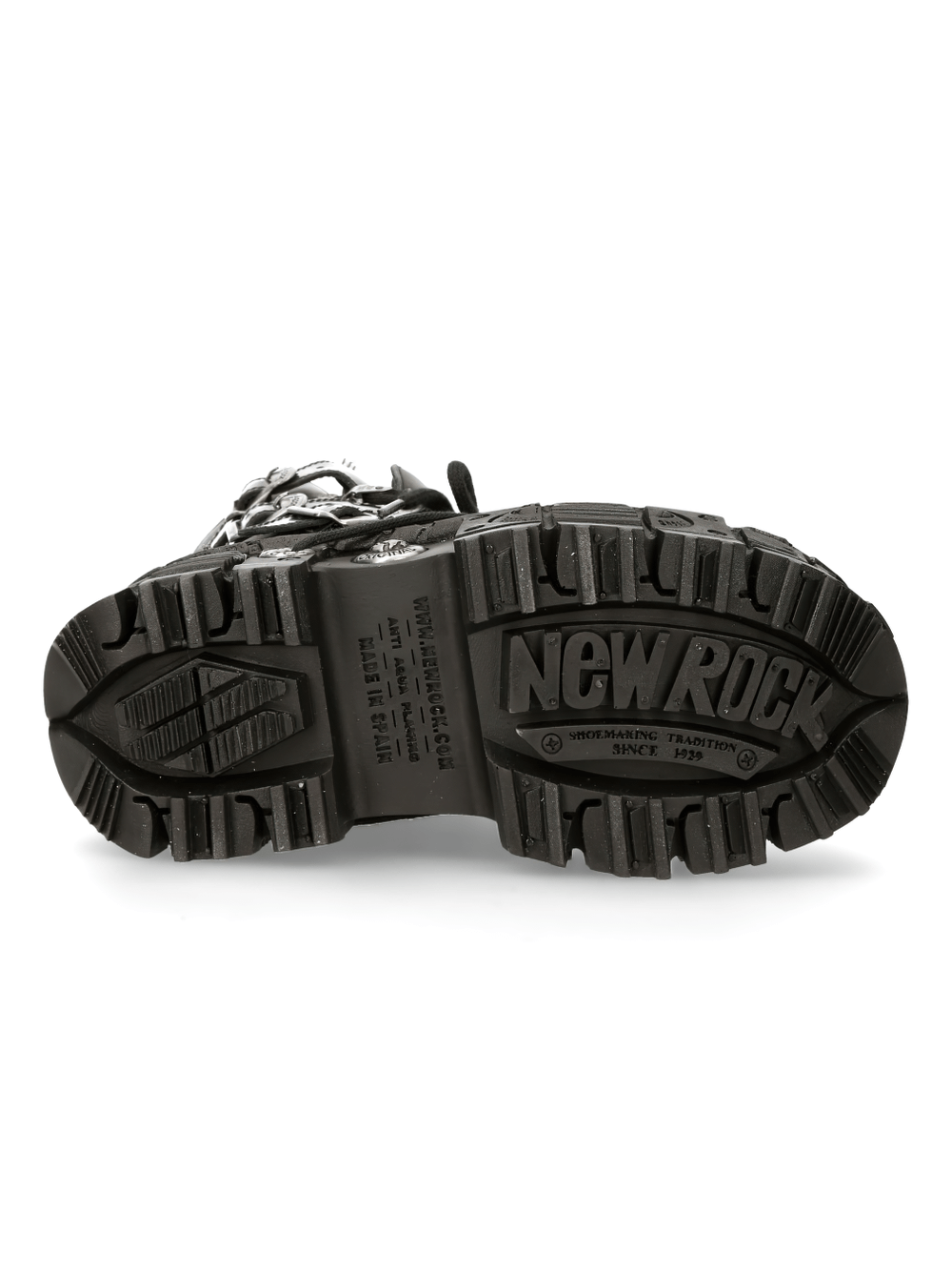 Bottom view of NEW ROCK punk rock ankle boots showcasing rugged sole and metallic details.