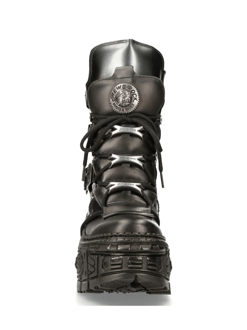 Front view of NEW ROCK edgy punk rock ankle boots with metallic details and chunky sole.