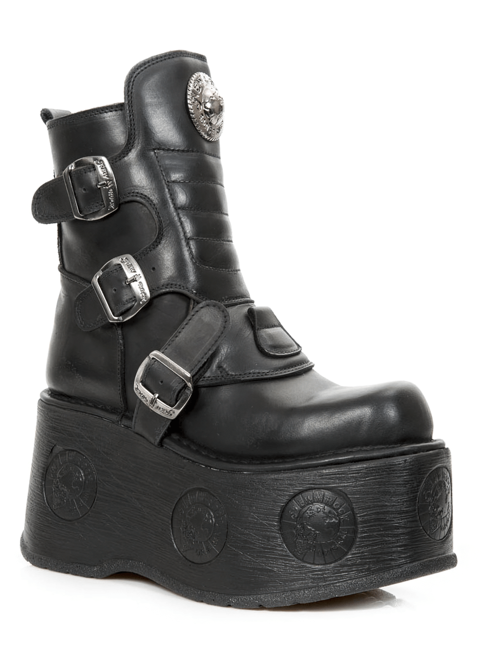 Black Gothic platform boots with buckles and a robust design for a daring, edgy style.