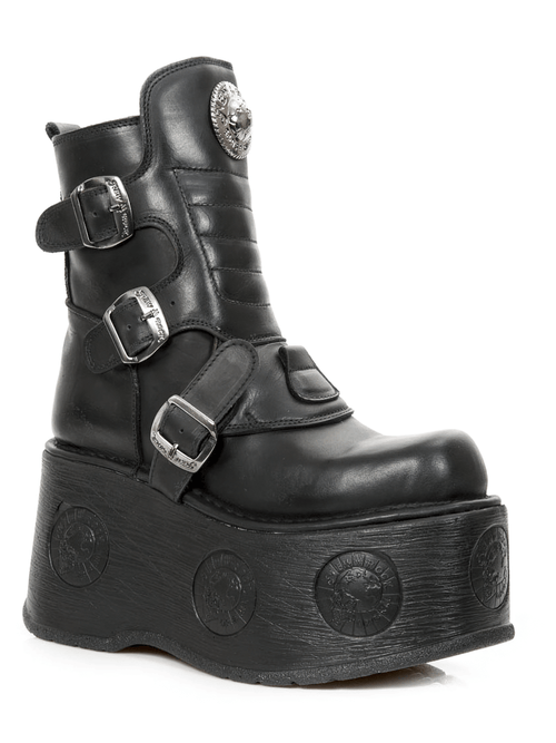 NEUE ROCK Damen Edgy Robuste Schwarze Schnallen-Plateau-Stiefel