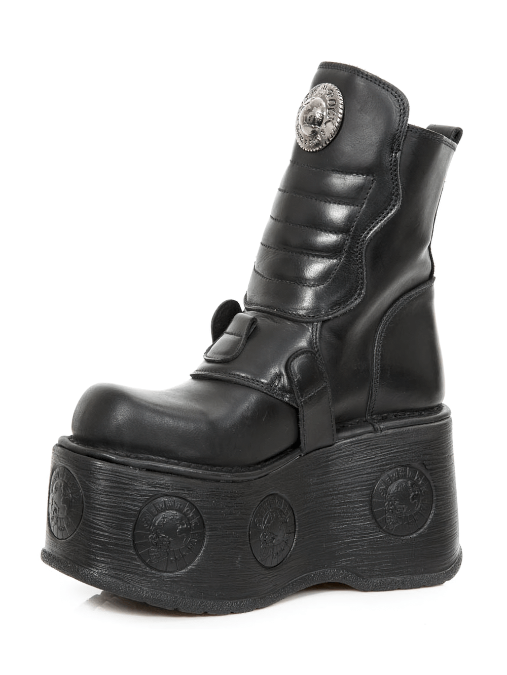 Edgy black platform boots with buckle detail and dynamic metallic design for a gothic punk look.