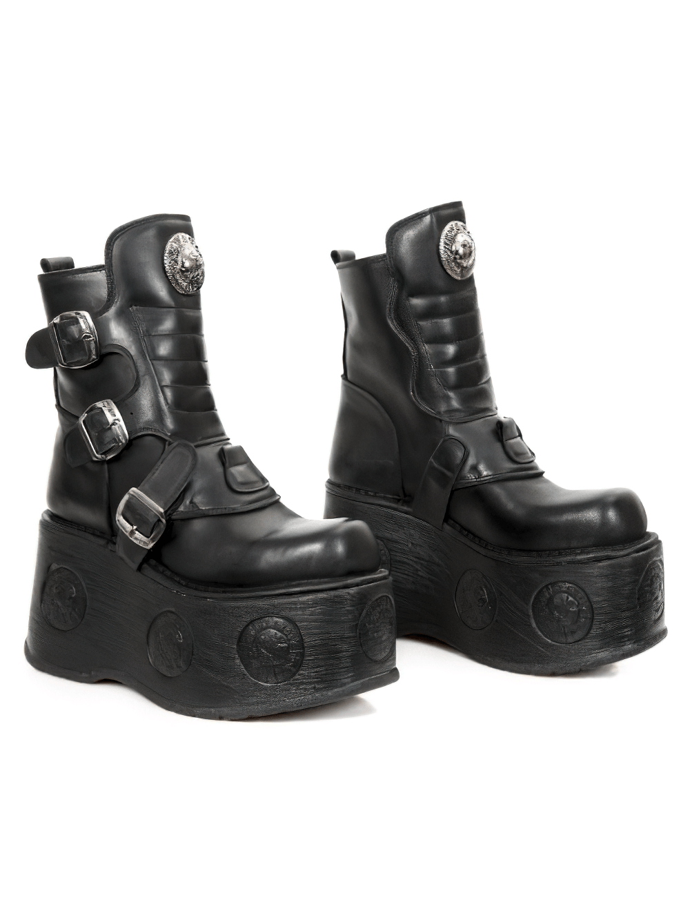 Edgy black platform boots with buckle details and metallic accents, perfect for a gothic punk style.