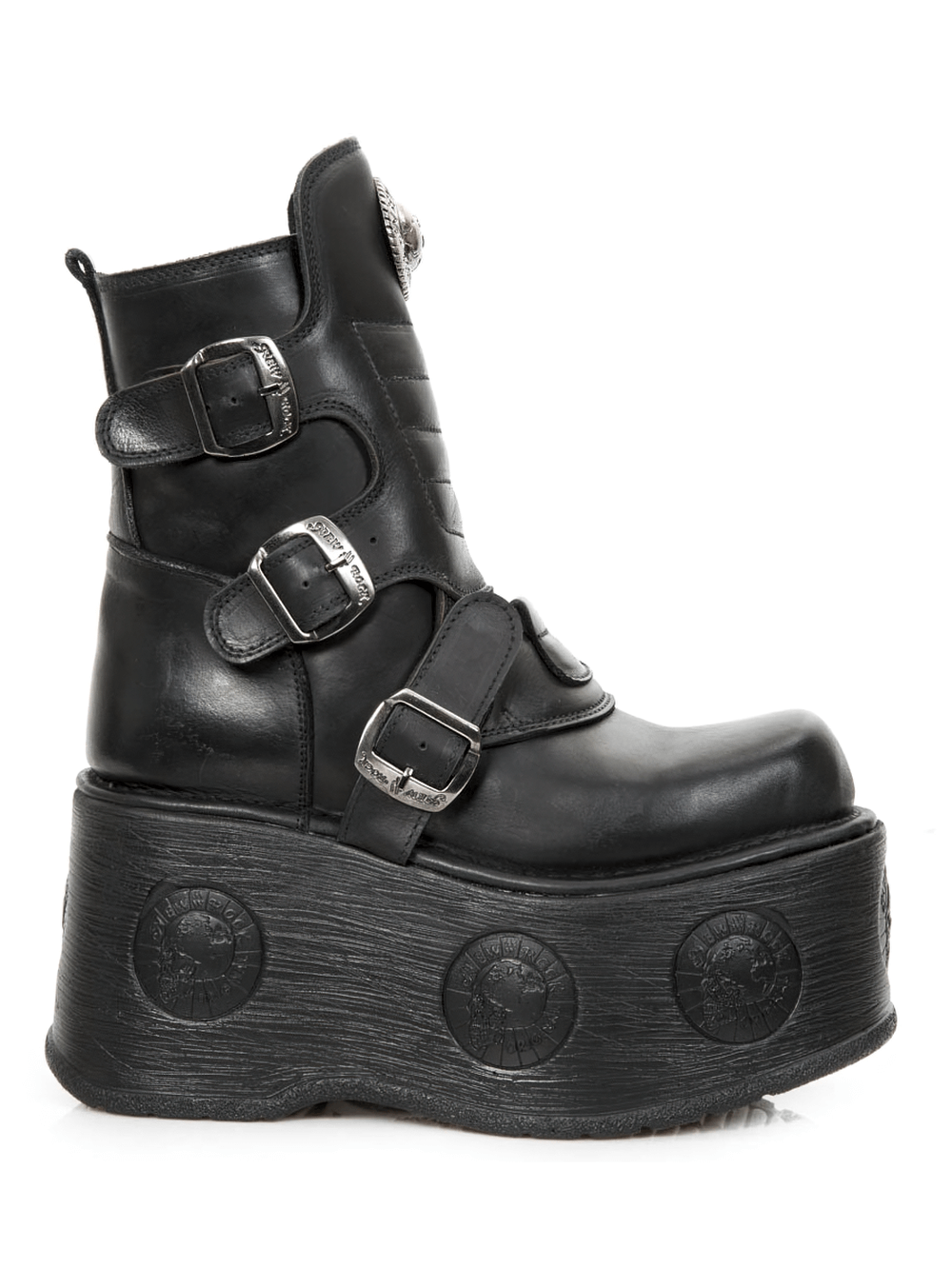 Bold black buckled platform boots with a gothic design, featuring a substantial sole and metallic details.