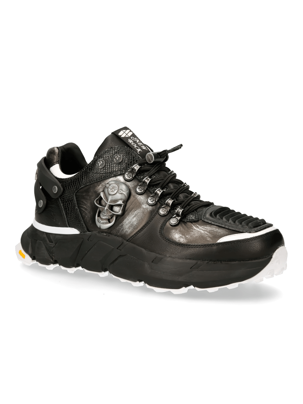 NEW ROCK Men's Black Skull Emblem Sneaker, edgy sports footwear for trendsetters with bold design and comfort.