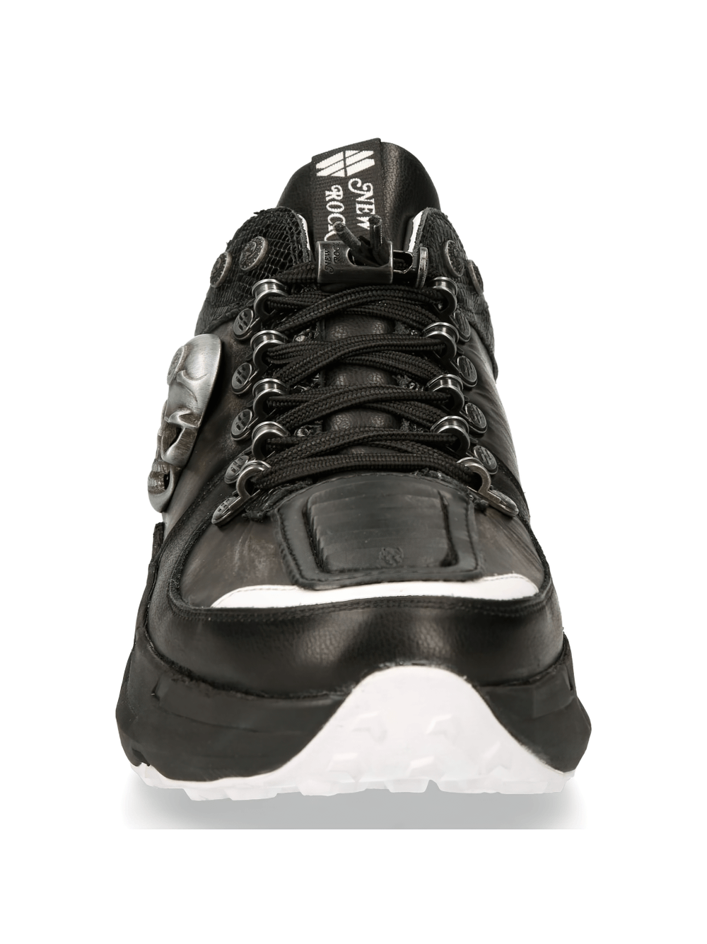 Front view of NEW ROCK Men's Skull Emblem Black Sneaker with bold design and stylish laces.