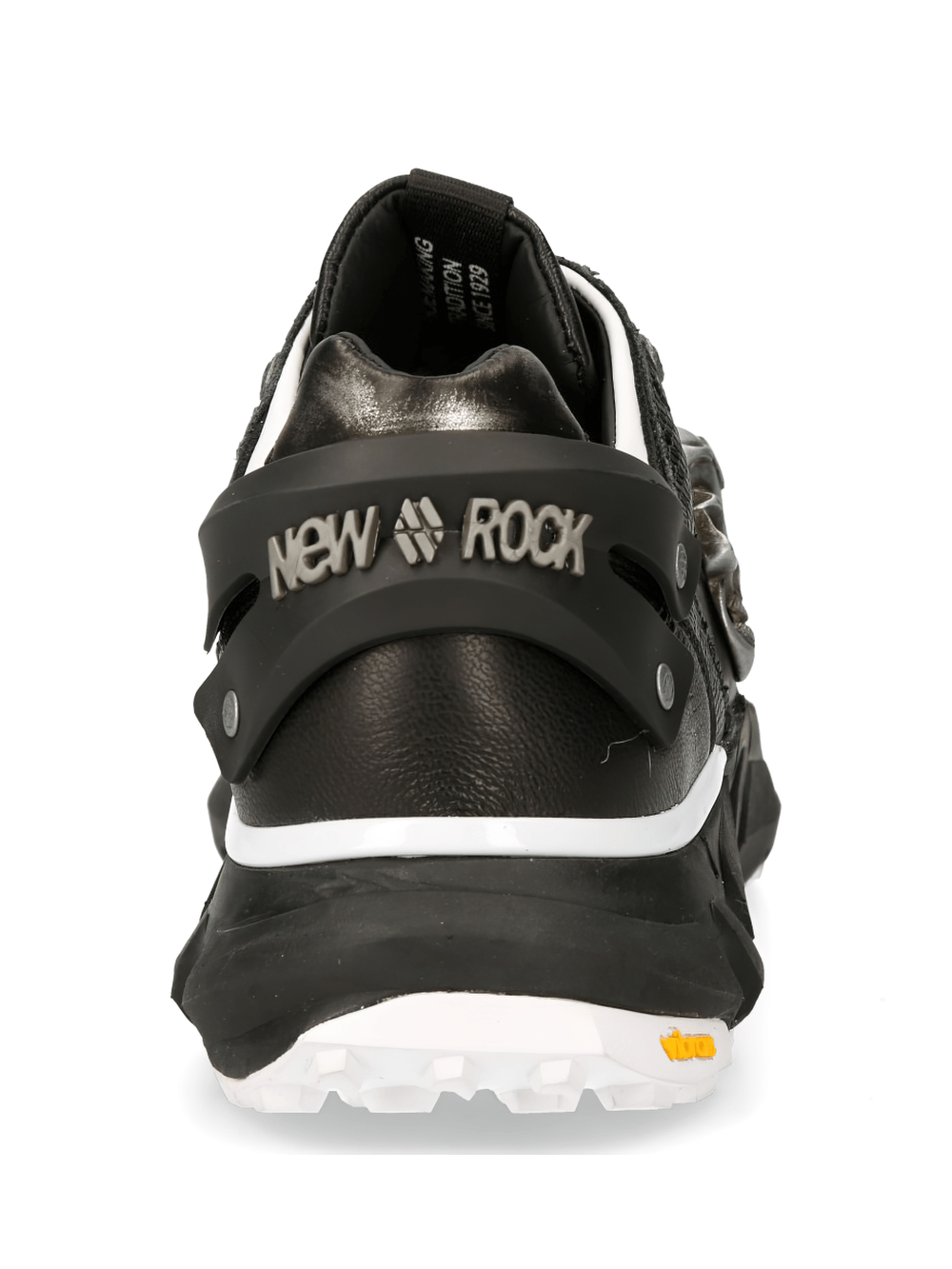 NEW ROCK black sneaker with skull emblem and stylish back view, ideal for trendsetters and rock enthusiasts.