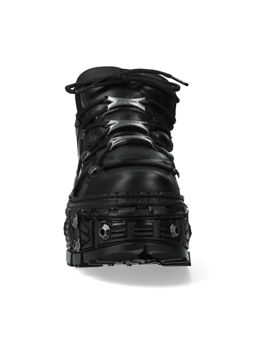 Front view of NEW ROCK edgy studded black chunky sole shoes with lace-up design, showcasing metal adornments.