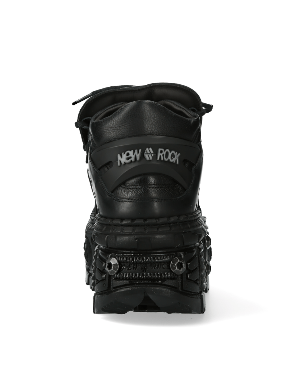 Back view of NEW ROCK chunky sole shoes with metal details, showcasing a bold black design.