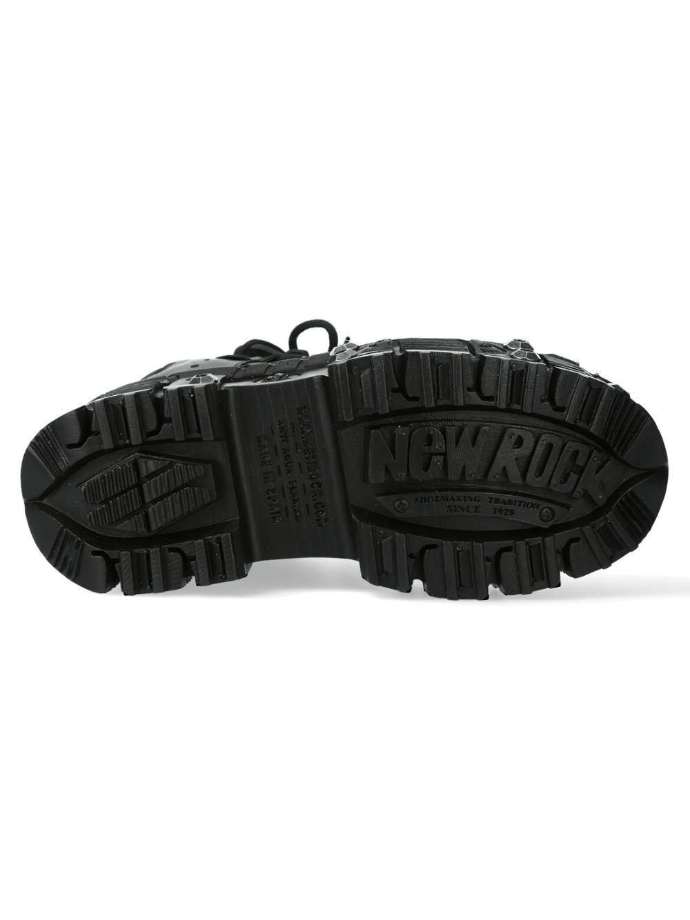 Bottom view of NEW ROCK edgy studded black chunky sole shoes, showcasing durable tread and stylish logo.