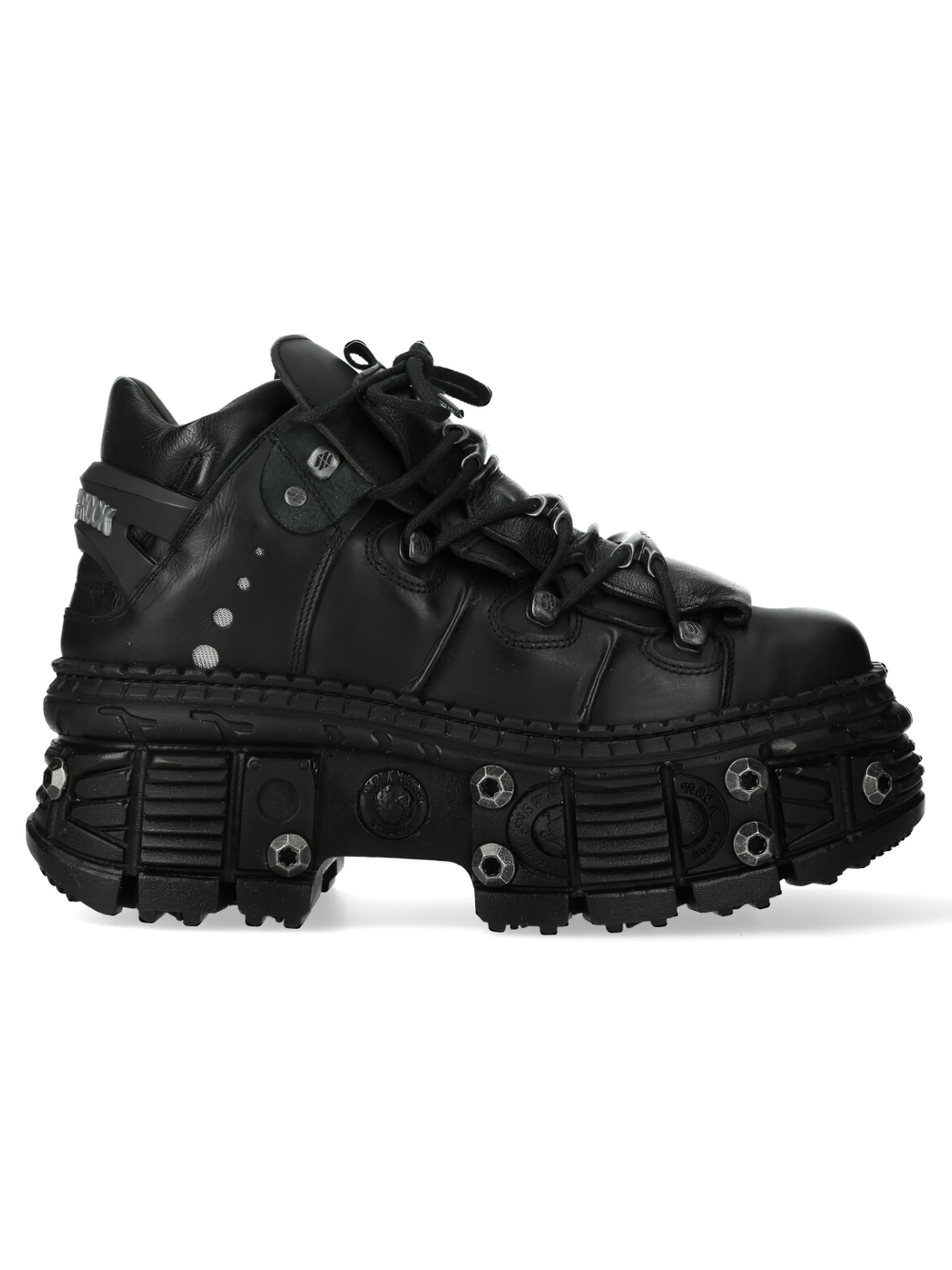 NEW ROCK black chunky sole shoes with lace-up and edgy studded design, perfect for fashion-forward trendsetters.