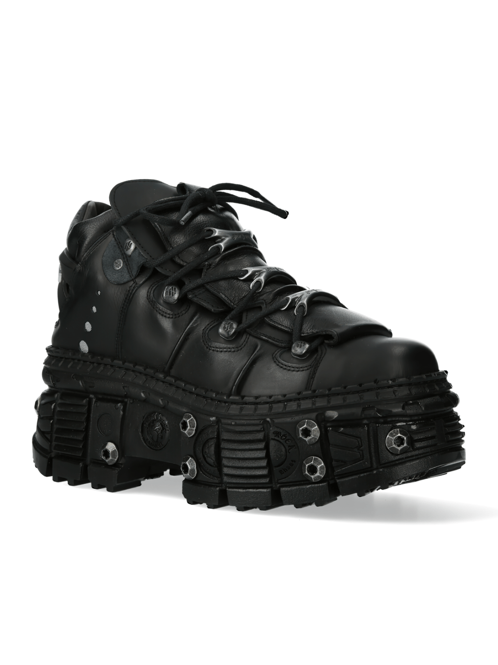 New Rock black chunky sole shoes with lace-up, studded details for a bold fashion statement.
