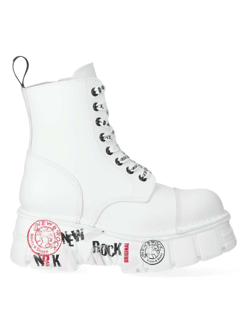 NEW ROCK edgy white platform ankle boots with punk badges and chunky soles.