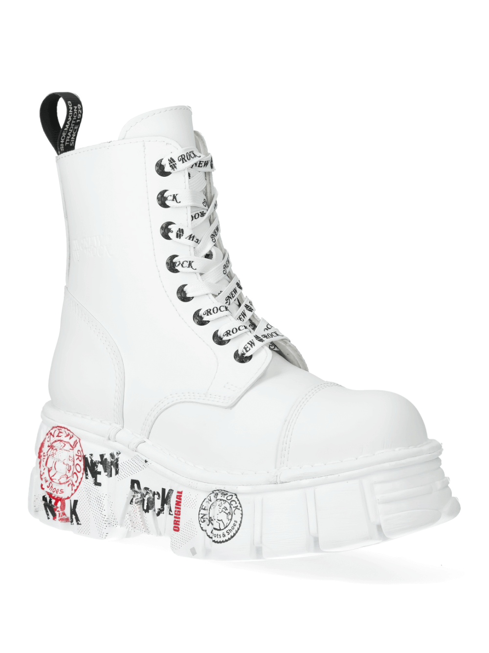 NEW ROCK men's white platform ankle boots with punk badges and lace-ups, bold Gothic military style.