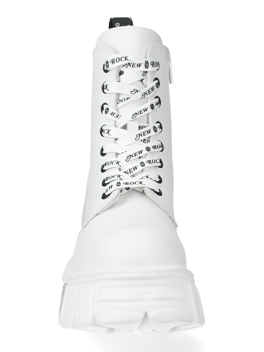 NEW ROCK men's bold white platform ankle boots with punk badges and zipper closures.