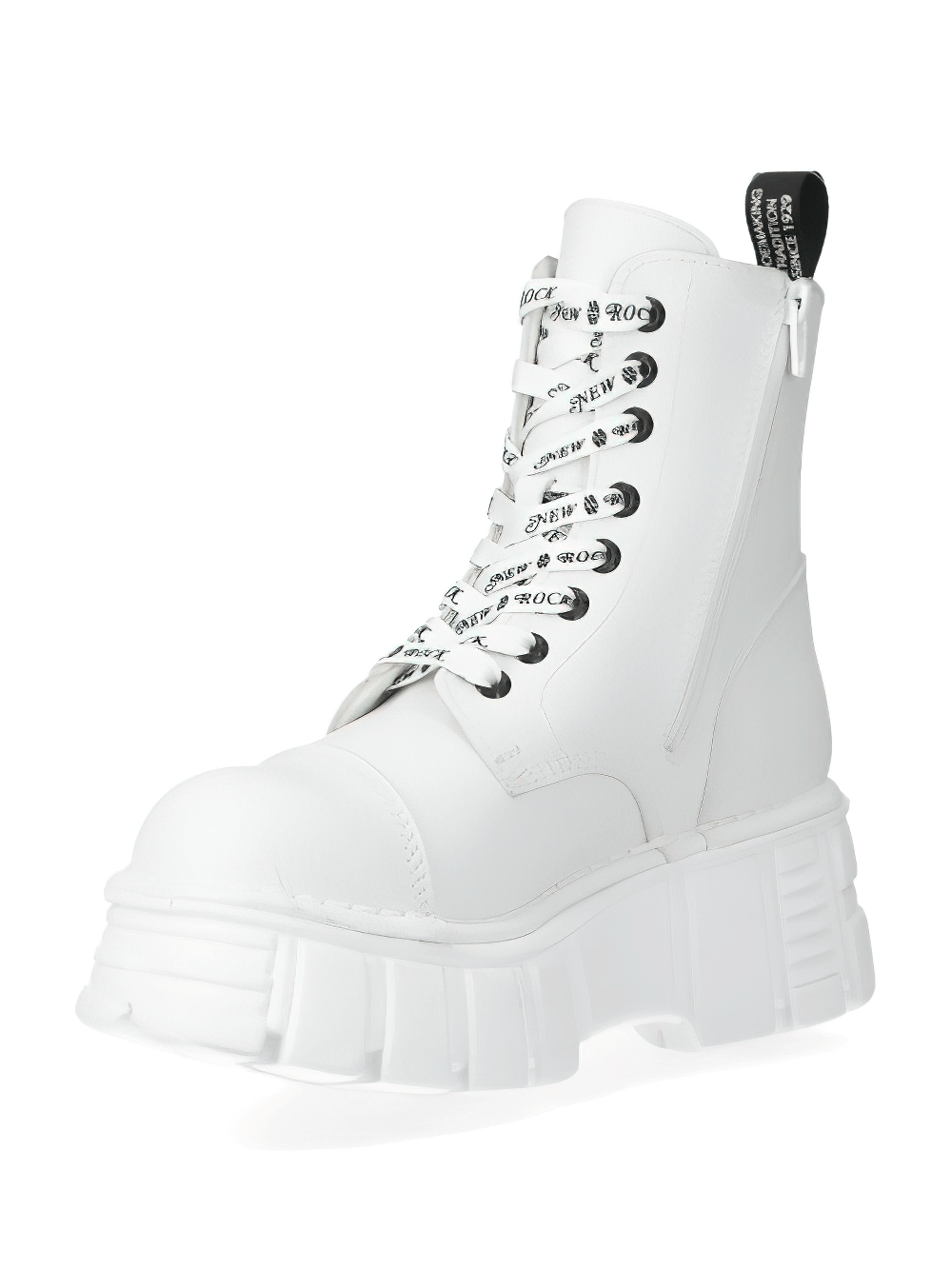 NEW ROCK white platform ankle boots with punk badges, bold lace-up and zipper closure, edgy fashion statement.
