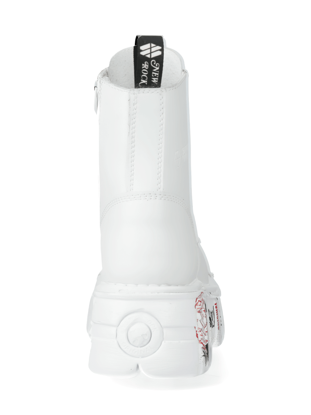 Back view of NEW ROCK men's edgy white platform ankle boots featuring punk badges and a bold design.
